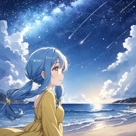 Light blue long hair、Beautiful girl with twin tails、smile、Anime Style 1 Girl, Yellow long dress、profile、Looking up at the night sky、Face Highlights、Waves crashing on the beach in the moonlight、Countless twinkling stars、Big Dipper、constellation, shooting st...