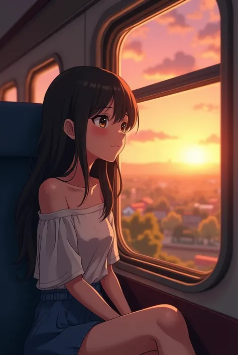 anime girl sitting on a train looking out the window, beautiful anime portrait, lofi portrait at a window, beautiful anime girl, lofi portrait, lofi girl, portrait anime girl, artwork in the style of guweiz, high quality portrait, with sunset, attractive a...