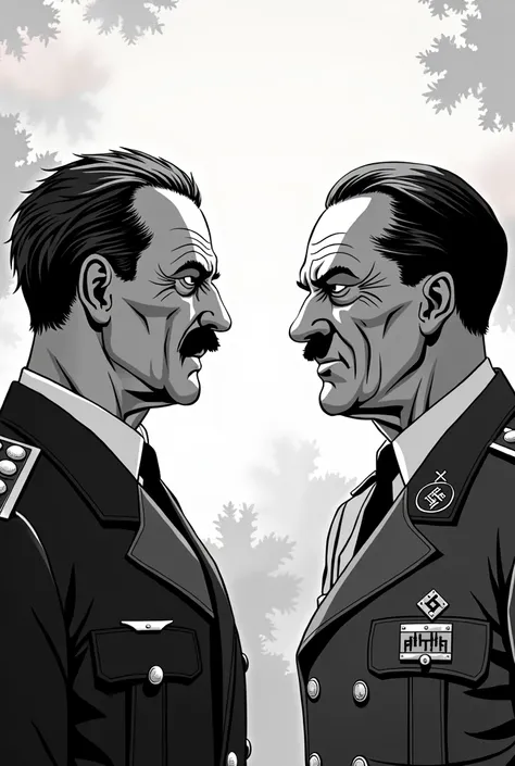 Anime style drawing of Benito Mussolini and Adolf Hitlerl in black and white 