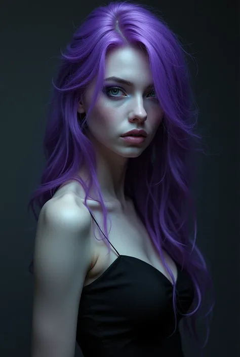 A woman with pale skin, Violet eyes and violet hair wearing a black dress