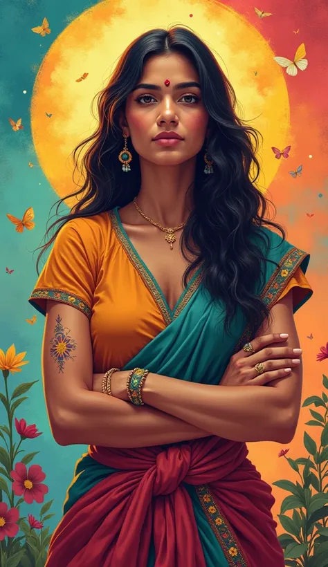 Central image of an Indian girl aged between 26 to 30, with a confident or assertive expression. The background should be balanced with symbols of both genders abilities and achievements, using bright and empowering colors. The image should reflect equalit...