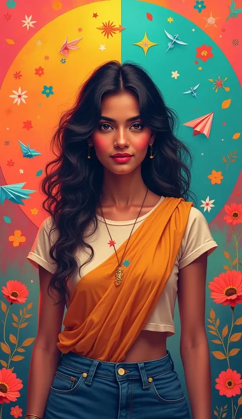 Central image of an Indian girl aged between 26 to 30, with a confident or assertive expression. The background should be balanced with symbols of both genders abilities and achievements, using bright and empowering colors. The image should reflect equalit...