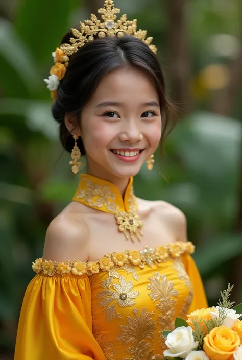 create a macro photography image of a beautiful young smiling filipino girl wearing a chinese traditional glossy shiny pale magenta colour flowing gown with yellow silk embroidery design.the gown intricate with Glossy shiny vibrant gold,  the girl holding ...