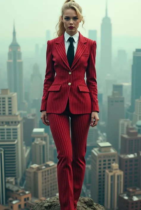  Young adult 1 woman, beautiful curves a massive curvy thighs blonde ponytail red lips wearing a perfect crimson pinstriped suit and blazer with a ((massive thick and massive black tie, windosr knot the size of a fist)) white crisp shirt, massive breasts. ...