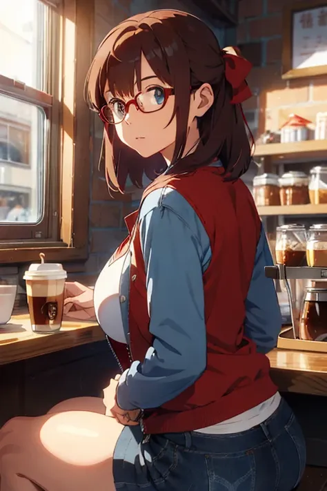 1 female, shy, anxiety, brown short long hair, red hair ribbon, huge breast, thick, white t-shirt, blue jean short, red jacket, glasses, light blue eyes, coffee woman, coffee shop, sitting down, thick ass, ass