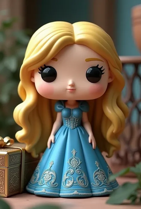 Funko pop, blonde,blue dress with details,box next to funko pop ralista style,wavy blond hair

