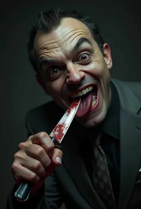 sadistic man licking a knife with blood