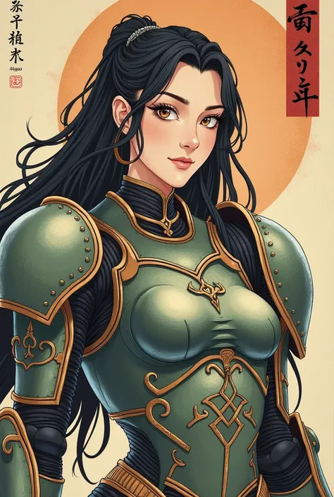 In the Ukiyo-style picture, a very tall woman, Astarte, is looking at the camera. She is wearing gorgeous power armor, and her expression is proud and warlike. The whole picture is very delicate, with lots of details.