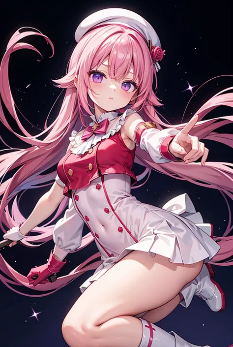 Anime style in animation mode, a girl with semi-long pink hair, purple eyes, and wears a red top outfit, with a white combination that forms a white microskirt, which includes tall boots and dark blue gloves, a red beret, On his chest he wears a star-shape...