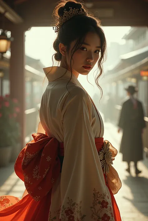 A beautiful, Western-style woman wearing a Japanese Taisho Romantic kimono, a large obi, and purple hakama.、Looking Back、Come running over here。The background is a hazy, retro Ueno Station。