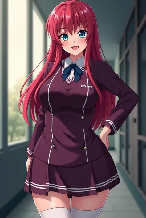 An adult woman with a mischievous and evil look, long, straight, loose scarlet hair and light blue eyes., She has very big breasts and big buttocks too, She always wears an anime-style school uniform in dark mauve with small, strong vertical white stripes ...