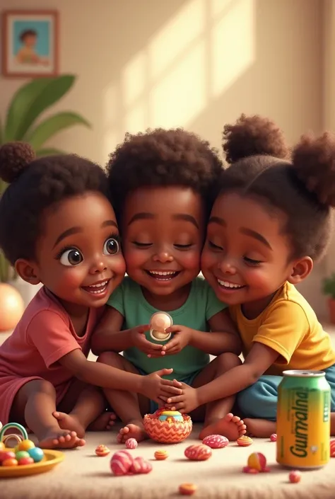 three black children playing with each other, with a pacifier in the mouth, several toys around and candy, lollipop and guarana 