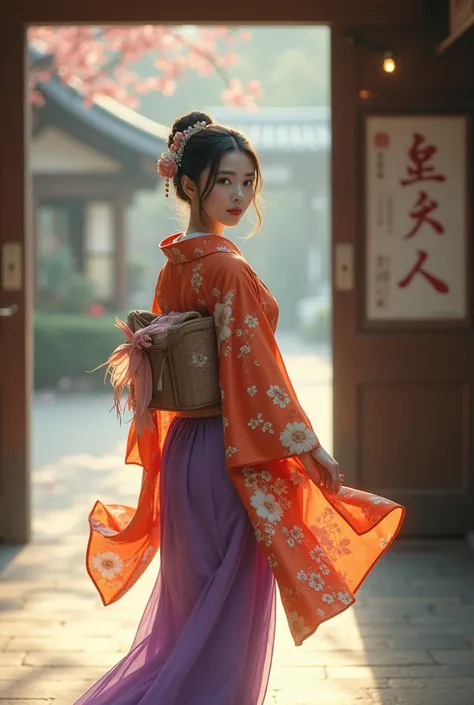 A beautiful, Western-style woman wearing a Japanese Taisho Romantic kimono, a large obi, and purple hakama.、Looking Back、Come running towards me with a smile。The background is a hazy, retro Ueno Station。