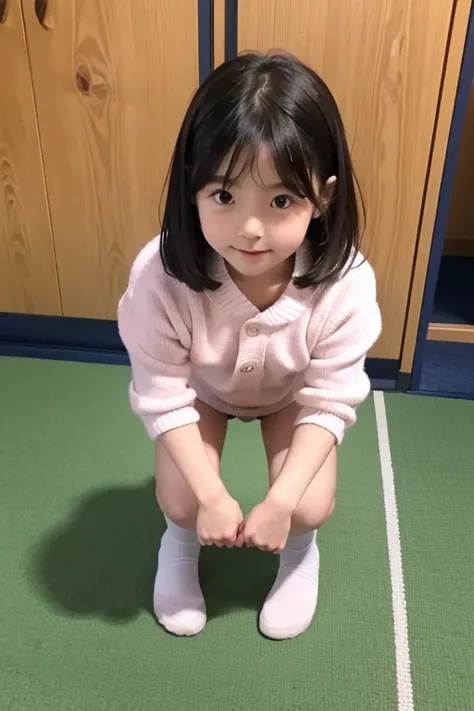 Elementary school student  Japanese kawaii small stature body  girl kneeling face down with hands on the floor turning around with hands on the floor and buttocks raised naked and showing pussy and buttocks