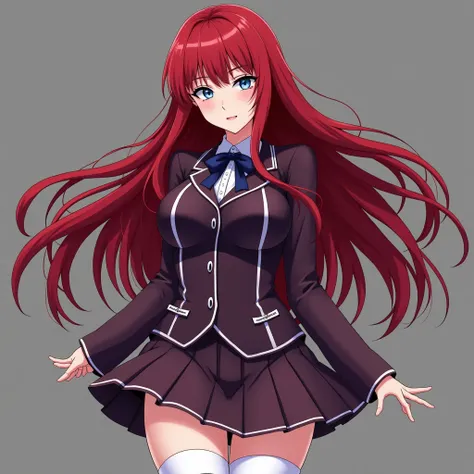 An adult woman with a mischievous and evil look, long, straight, loose scarlet hair and light blue eyes., She has very big breasts and big buttocks too, She always wears an anime-style school uniform in dark mauve with small, strong vertical white stripes ...