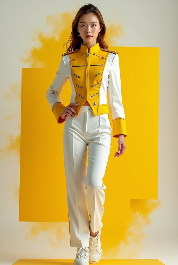 Yellow and white marching band outfit 