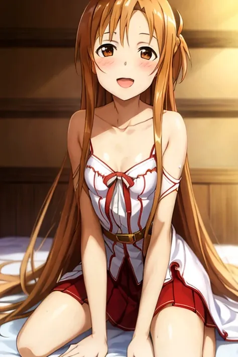 ((Highest quality)), ((masterpiece)), (be familiar with), Perfect Face, indoor, Bedroom, Watching the audience,
One woman, Yuuki Asuna,
Open Mouth, Ecstatic expression, blush, smile,
Small breasts, Flat Chest, , , child, Girl,
Long Hair, Long Hair,
Leg spr...