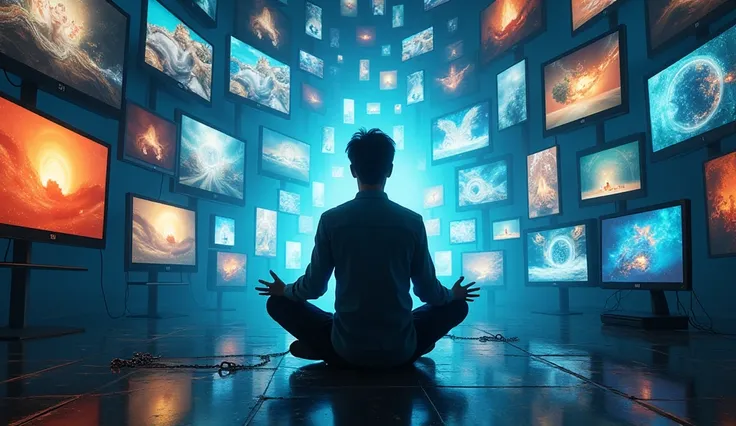 A person surrounded by cell phone, computer and television screens, all displaying images of luxury, success and immediate pleasures, while invisible chains initially bind their feet