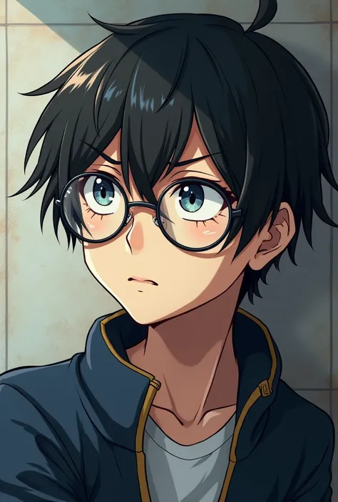  teenage boy with glasses looking thoughtful danganronpa anime style