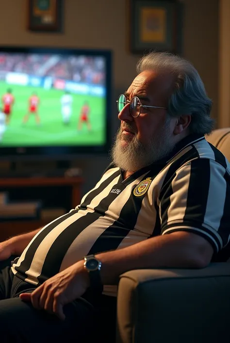 Fat Harry Potter watching Botafogo football club play on TV and wearing a Botafogo shirt 