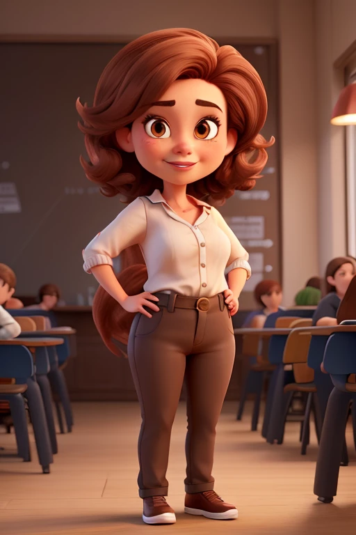 create a caricature of a woman with hair below her shoulders, copper colored and smooth, eyes browns, white skin color, short in stature, with full lips, chubby, large hip, wearing a teacher&#39;s white coat
