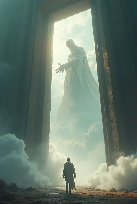 A man standing and facing a giant open door, a giant hand stretched towards the boy, cloud at the door, photorealistic image.