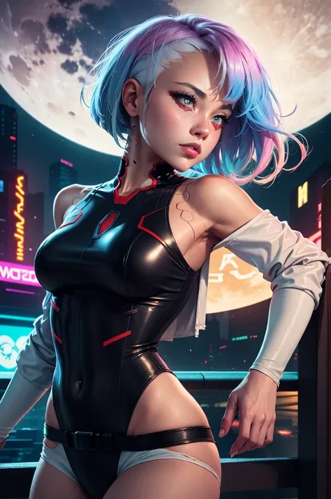 a woman with hair and a black shirt is standing in front of a neon city background with full moon, lois van baarle and rossdraws, portrait of lucy from Cyberpunk Edgerunners, artgerm and lois van baarle, rossdraws 2. 0, rossdraws 1. 0, rossdraws 2. 5, artg...