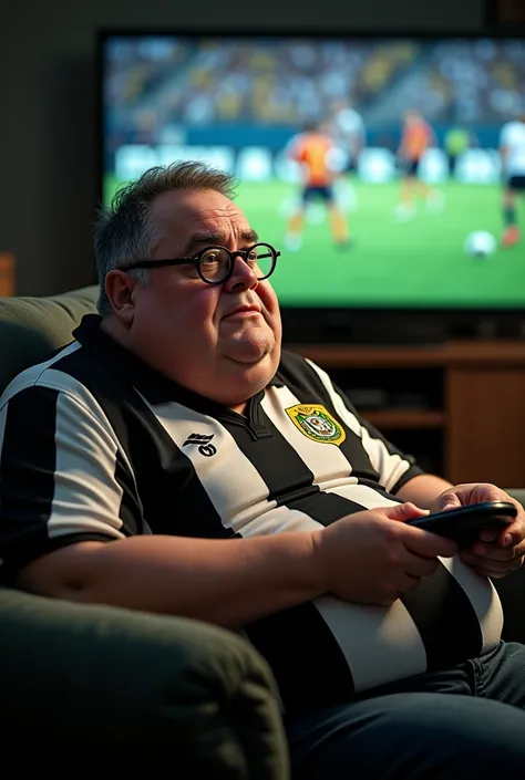 Fat Harry Potter watching Botafogo football club play on TV and wearing a Botafogo shirt 