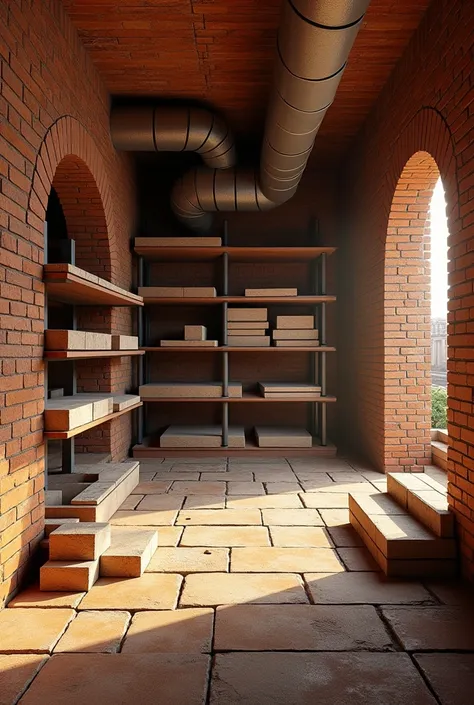 Make a drawing of a room made of refractory bricks. This room will be used to store Roman tiles and ceramic floors., In this room there are ducts that take heat from the main oven that comes through pipes to heat and remove moisture from the tiles and cera...