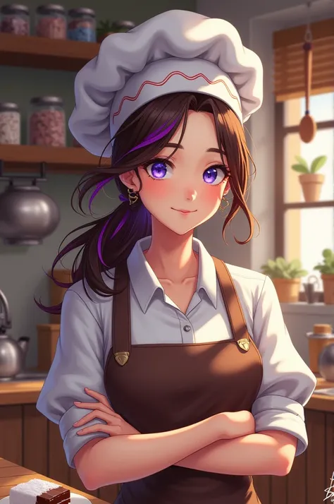 Woman with brown hair with purple highlights, blue violet eyes confectioner with chef&#39;s hat on head. 