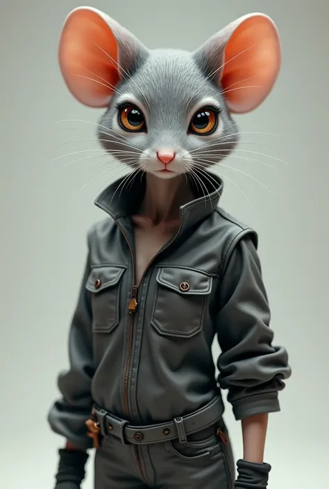 masterpiece, high quality, best definition, anthro furry mouse, in mechanic&#39;s suit, body with gray fur and eyes with heterochromia, with a slim and tall female body, small but noticeable breasts 