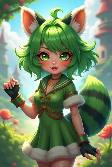 One like Nana from Mobile Legends Bang Bang with green hair, green clothes and raccoon ears and tail
