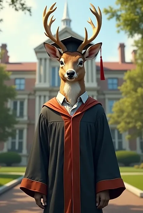 The image of a deer man wearing his graduation clothes is in front of the campus.