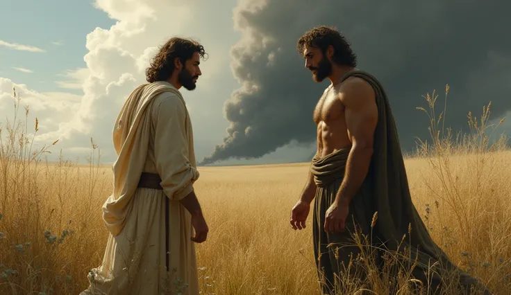 Two brothers in a field, with Cain watching Abel offer a sacrifice, with a growing shadow of anger and twisted desire behind Cain.