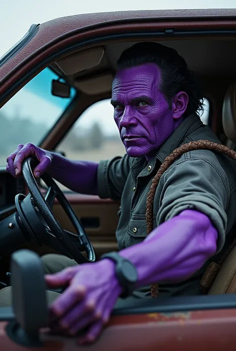 A man with purple skin color holding a weapon of war, inside a car giving a ride to a dinosaur