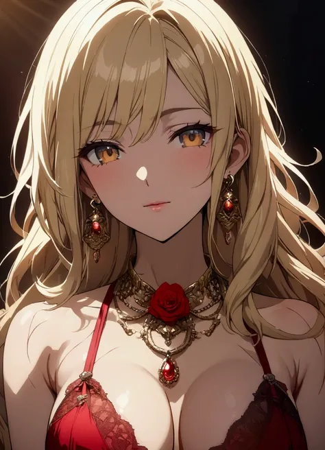 (Extremely detailed CG unity 8k wallpaper, masterpiece, Best Quality, ultra detailed), (the best lighting, best shadow), 40 year old blonde woman., maduro, pretty face, wearing 1 red rose on the neck of the necklace, wearing a black and red lingerie dress,...