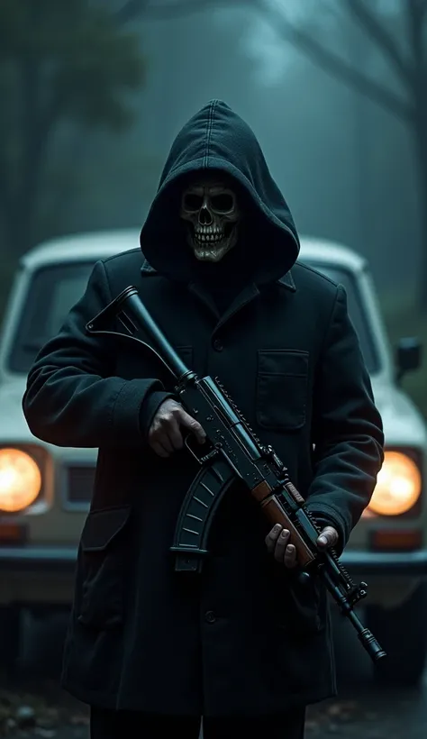 man , there is a death mask on the head , Kalashnikov assault rifle in hands , against the background of a car , night