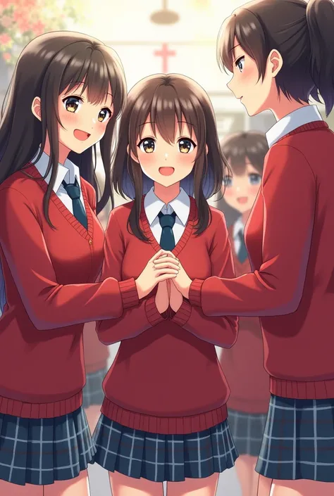 Attractive female teen students in red sweater, Dark blue tie, with white shirt, plaid skirt celebrating the birthday of the Virgin of Mercy