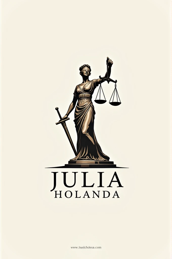 Create a logo with the name Julia Holanda, a scale, a blindfolded woman and a sword 