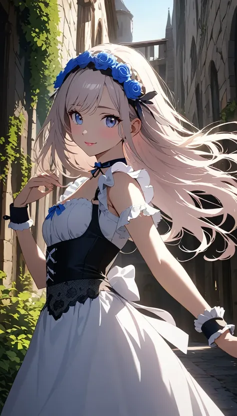 Masterpiece, Ultra High Quality, Super detailed, 4K, 8K, Super Beautiful CG, anime-style,  cowboy shot, from front, 
solo young woman, beautiful face, mischievous smile, pale pink lip, shy expression, 
flowing hair, hair adorned with blue roses, 
her eyes ...