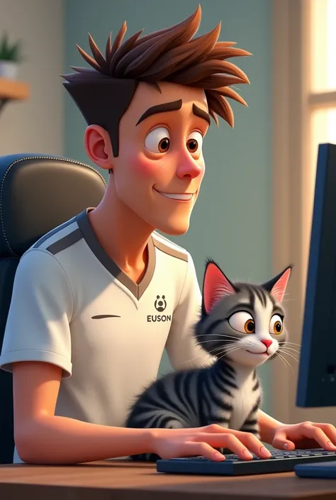 light skin man ,brown spiky hair,eyes browns, wearing a white soccer team shirt working with IT, computer and next to it your gray and black striped cat,light eyes pixar drawing
