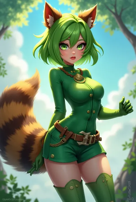 One like Nana from Mobile Legends Bang Bang with green hair, green clothes and brown raccoon ears and tail.
