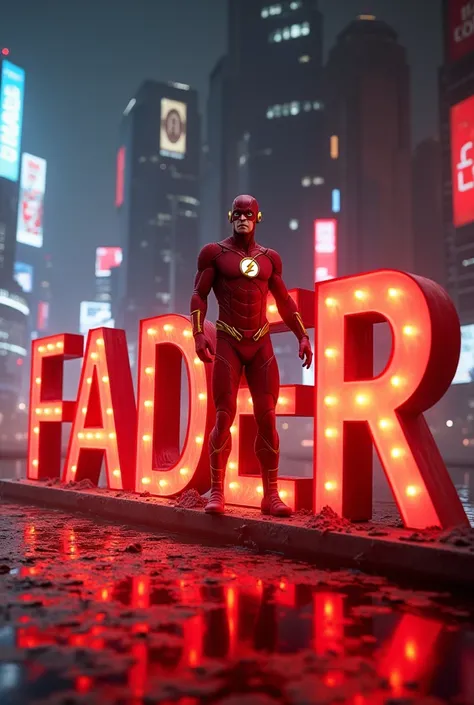 A super movie background with the name Fader written in 3D with giant letters lying down is the marvel hero Flash