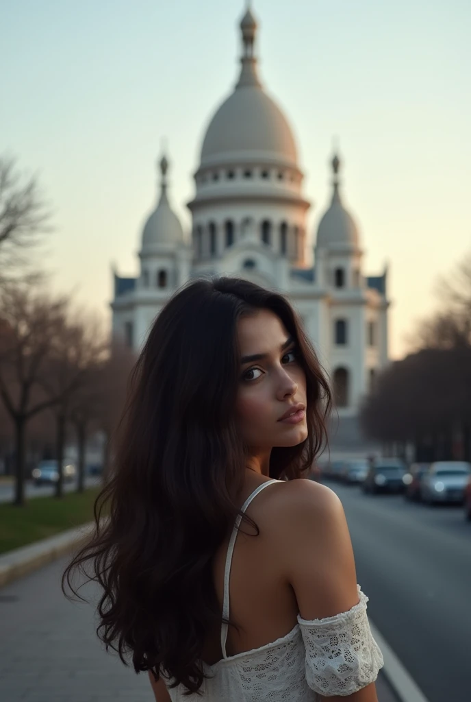 Jeune femme brune de dos en shooting photo devant le sacre coeur a paris 