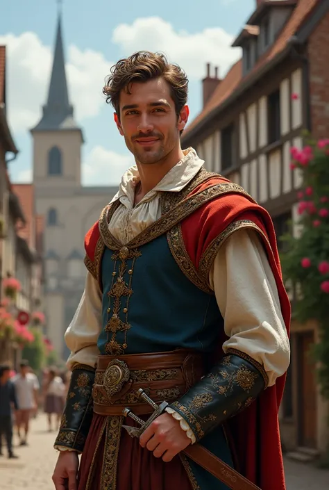 english man, realistic, medieval clothes, big smiles, charismatic, a rapier in hand, medieval french town in background