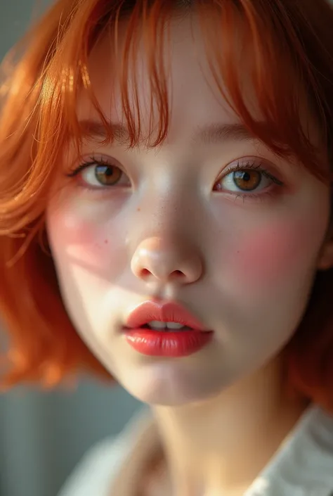 lipstick ads,Face close-up,a 15 YO girl, (cute), (:1.6),Big Mouth,Thick lips,Moisturized lips,plump lips,full lips, shiny lips with lip gloss, No makeup, Light pink lip color,Redhead, Very detailed,short bob hair, (masterpiece, Side lighting, Stylish eye m...