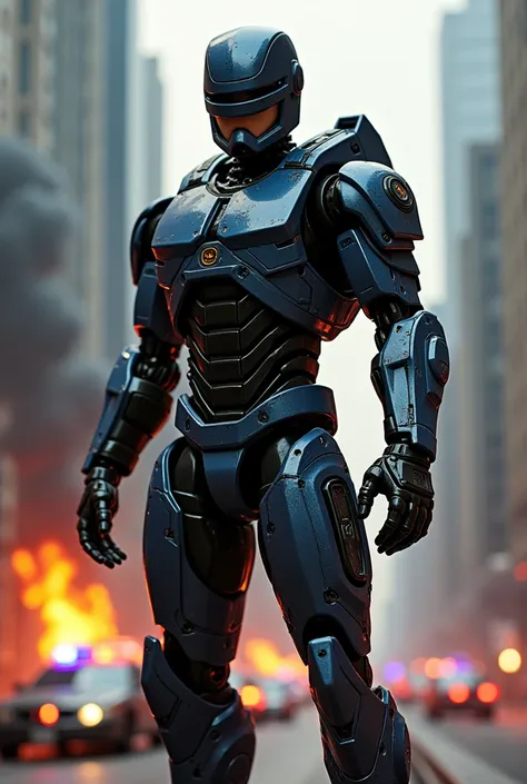 Action figure, RoboCop, futuristic, cyberpunk, Gothic, metropolis, tall buildings burning background, police cars, rain