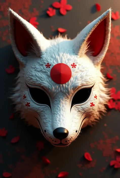 A Japanese Kitsune mask with black eyes, white and red colors, with a red circle on the forehead, hyper realistic, highly detailed, cinematic lighting, dramatic shadows, intricate patterns, masterpiece, (best quality,4k,8k,highres,masterpiece:1.2),ultra-de...