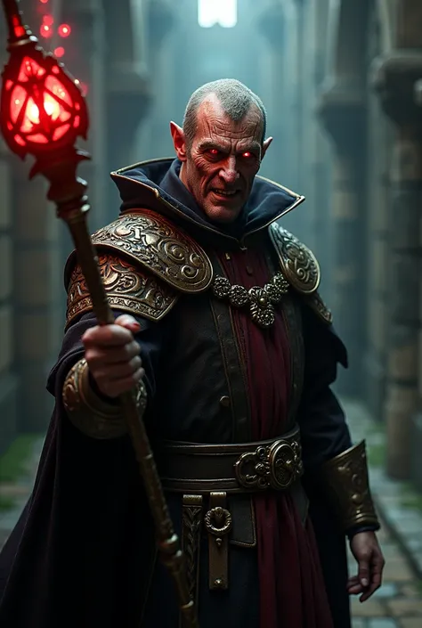 Medieval villain with a magic scepter with red eyes and scars on his face 