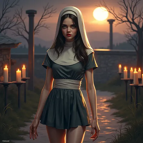 arafed image of a  girl with a nuns head and a candle lit background, billie eilish as a nun, nun, billie eilish as a sad nun, single scary female vampire with miniskirt minidress nun, vampire nun, looks like christina ricci, annasophia robb as joan of arc...